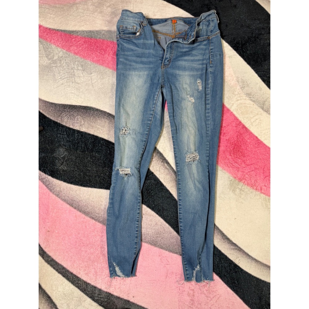 Wax Jean Womens Distressed Skinny Jeans Medium Wash Frayed Hem Size 7/28 90218